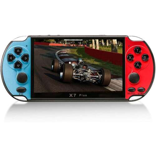 EONY X7 Plus handheld game console with built-in games, blue and red color, playing a racing game