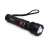 Black tactical flashlight with red button and wrist strap