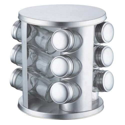 Stainless steel rotating spice rack with 12 glass jars, perfect for organizing your kitchen spices
