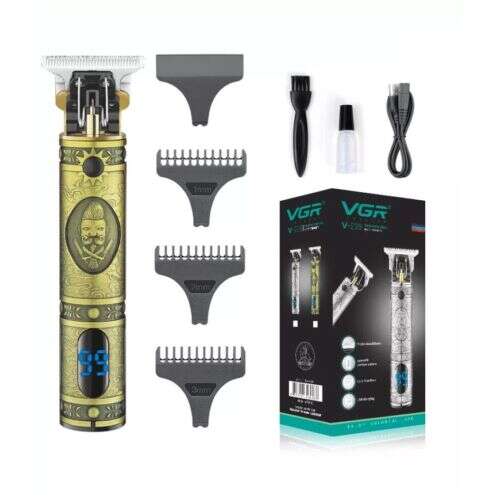VGR V-228 gold hair and beard trimmer with digital display, USB charger, cleaning brush, and 3 length combs