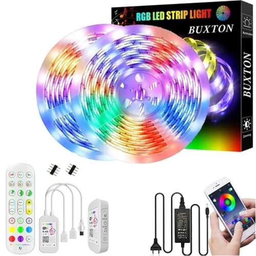 Buxton RGB LED Strip Light with remote control, power adapter, and smartphone app