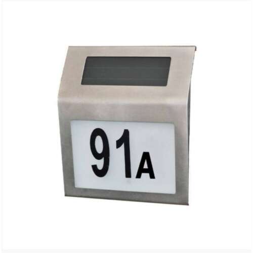 Solar powered house number sign with 91A displayed, stainless steel, with LED illumination