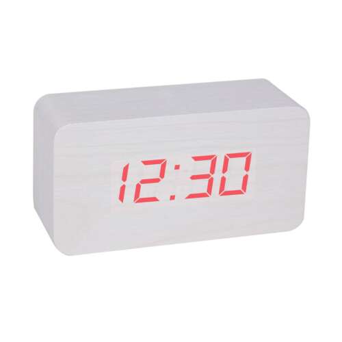 White wooden digital alarm clock with red LED display showing 12:30
