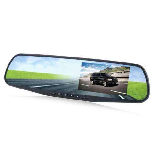 Rear view mirror dash cam, car camera, driving recorder, black, front view, 720P resolution, 32GB SD card support, recording video