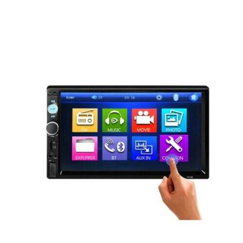 7 inch touchscreen car stereo with Bluetooth, MP5 player, FM radio, and USB and SD card slots