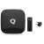 Q Plus Smart TV Box, front view, remote control, power adapter