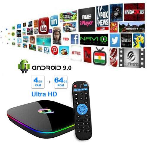 Q Plus Smart TV Box, Android 9.0, 4GB RAM, 64GB ROM, Ultra HD, Netflix, YouTube, streaming device