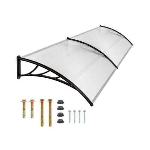Black polycarbonate canopy with black metal frame, 240cm wide, 90cm deep, transparent, with mounting screws