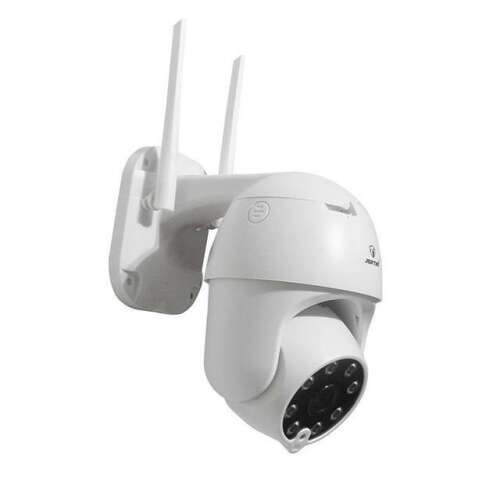 Jortan IPC360 Wifi Security Camera, white, with two antennas, mounted on a wall