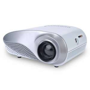 Mini LED projector, white and silver, front view - Sumker