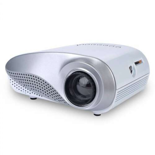 Mini LED projector, white and silver, front view