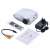 Mini LED projector, white and silver, with remote control, power adapter, cables and manual