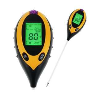 4 in 1 soil tester, measures soil moisture, pH, temperature, and light, digital display, yellow and black, handheld - Sumker