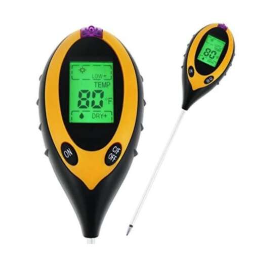4 in 1 soil tester, measures soil moisture, pH, temperature, and light, digital display, yellow and black, handheld