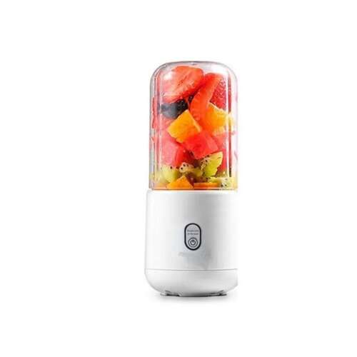 White portable blender with fruits inside, perfect for smoothies and juices on the go