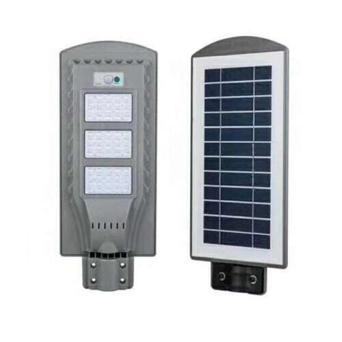 Solar powered street light with motion sensor and dusk to dawn function, 3 LED panels, gray color