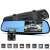 Rearview mirror dash camera with built-in DVR and rearview camera, showing features and benefits