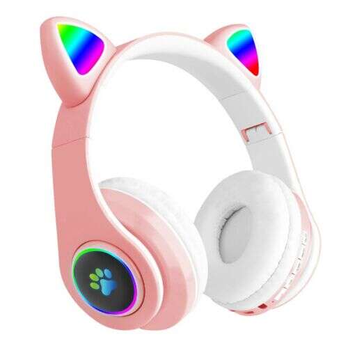 Pink Cat Ear Wireless Bluetooth Headphones with LED Lights