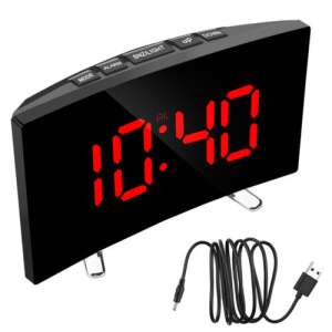 Black digital alarm clock with curved mirror display and red LED, showing the alarm, snooze, light, up, and down buttons, and the USB charging cable - Sumker