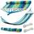 Collage of blue and green striped cotton hammock with ropes