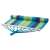 Blue and green striped hammock rolled up with wooden spreader bars