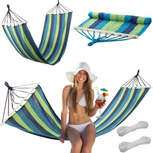 Collage of blue and green striped cotton hammock with woman relaxing