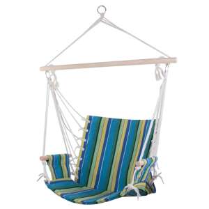 Front view of a blue and yellow striped hanging chair with wooden armrests