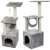 Two grey cat trees with scratching posts, tunnels, and condos