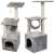 Two grey cat trees with scratching posts, tunnels, and condos