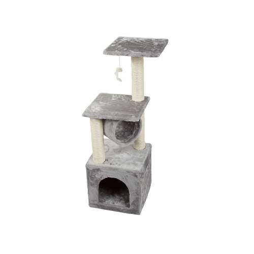 Grey cat tree with scratching posts, a tunnel, and a condo