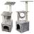 Two grey cat trees with scratching posts, tunnels, and condos