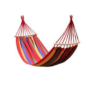Red and yellow striped single hammock with wooden spreader bars, hanging - Hammock