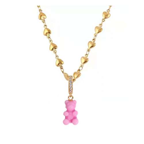 14k aranyozott sebészeti acél rózsaszín mackó nyaklánc szív alakú lánccal