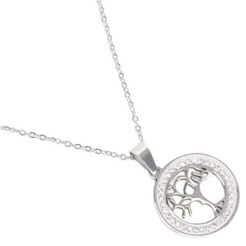 Közelkép egy rozsdamentes acél életfa nyakláncról cirkóniákkal