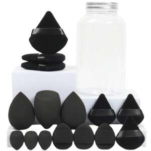 Fekete sminkszivacs készlet turmix edényben és púderes applikátor