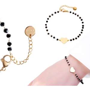 Náramok s privjeskom vo forme srdca, z pozlatenej chirurgickej ocele a čiernych korálikov, dĺžka 17 cm + 5 cm predlžovacia retiazka 110983471 - Móda&obliekanie