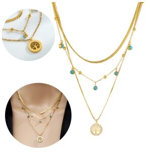 Koláž zlatého náhrdelníka Strom života s modelkou, ktorá ho nosí - Dámske doplnky