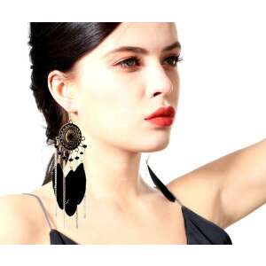 BOHO lógó fülbevaló hosszú tollból, fekete/kék/fehér, magassága 12-18 cm, szélessége 3-3,5 cm