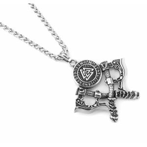 Nyaklánc skandináv szimbólumokkal, fejsze amulett, ezüst színű, sebészeti acél, 60 cm