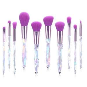 10 db-os sminkecset készlet szivárványos fogantyúkkal és lila sapkával, szintetikus sörtékkel