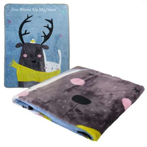 Nyomtatott puha gyermektakaró, 100x140 cm, poliészter flanel. Aranyos rénszarvas és nyuszi mintás takaró.