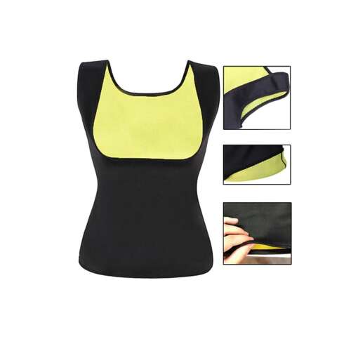 Neopren-Fitness-Tanktop für Damen, Größe M, schwarz mit gelber Innenfutter, Vorder- und Rückansicht, Nahaufnahmen