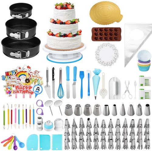 Timeless Tools Set de decorare torturi 379 piese cu forme de tort, platou rotativ, pungi de ornat, duze și spatule