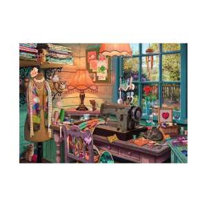 Részletes varrószoba jelenet egy Ravensburger 1000 darabos puzzle-ből, varrógéppel, anyagokkal és egy macskával. - Ravensburger Puzzle