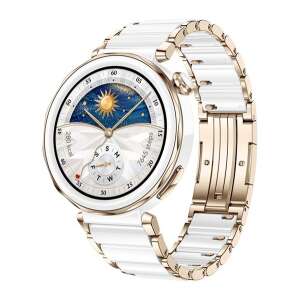 HUAWEI Watch GT 5 Pro 42mm kerámia okosóra fehér szíjjal és arany díszítéssel, ferde nézet - Okos eszköz
