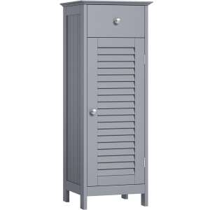 VASAGLE Fürdőszoba padló tároló szekrény, fa fiókos, ajtó lécekkel, 32x30x87cm, szürke