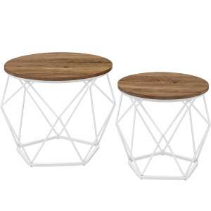 VASAGLE Комплект от 2 кръгли маси за кафе с дървен плот и бяла метална рамка - Обзавеждане за всекидневна