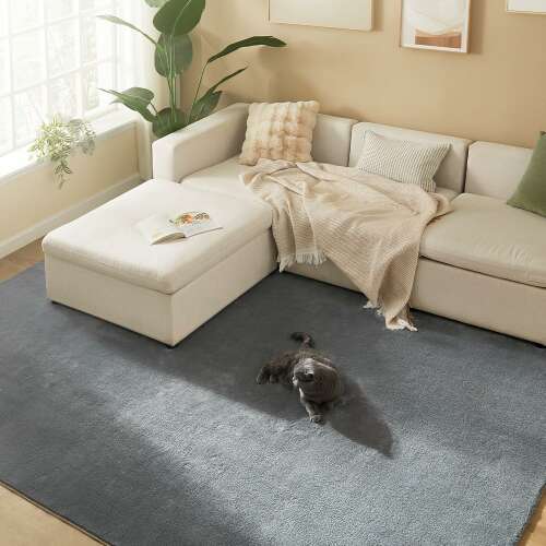 Sivý koberec SONGMICS v obývacej izbe s pohovkou a mačkou