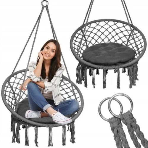 Colaj cu scaunul suspendat macrame Pepita cu persoană și detalii