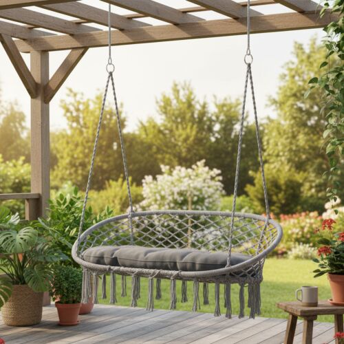 Pepita double macramé high chair with cushion #grey 143732932